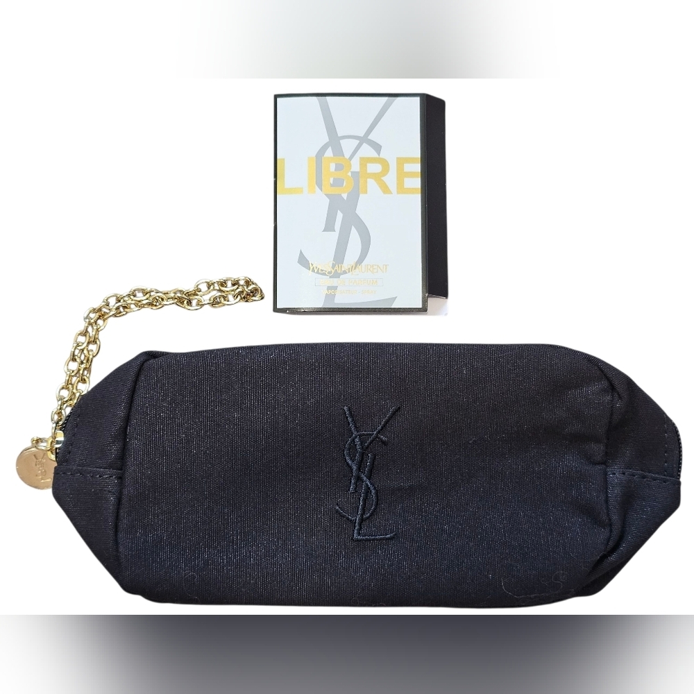 Yves Saint Laurent YSL Black Makeup Wristlet w/Gold Chain And Parfum Sample, New